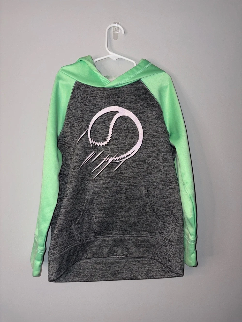 Justice Girls' Gray Hoodie with Mint Green Raglan Sleeves and Softball Size 8